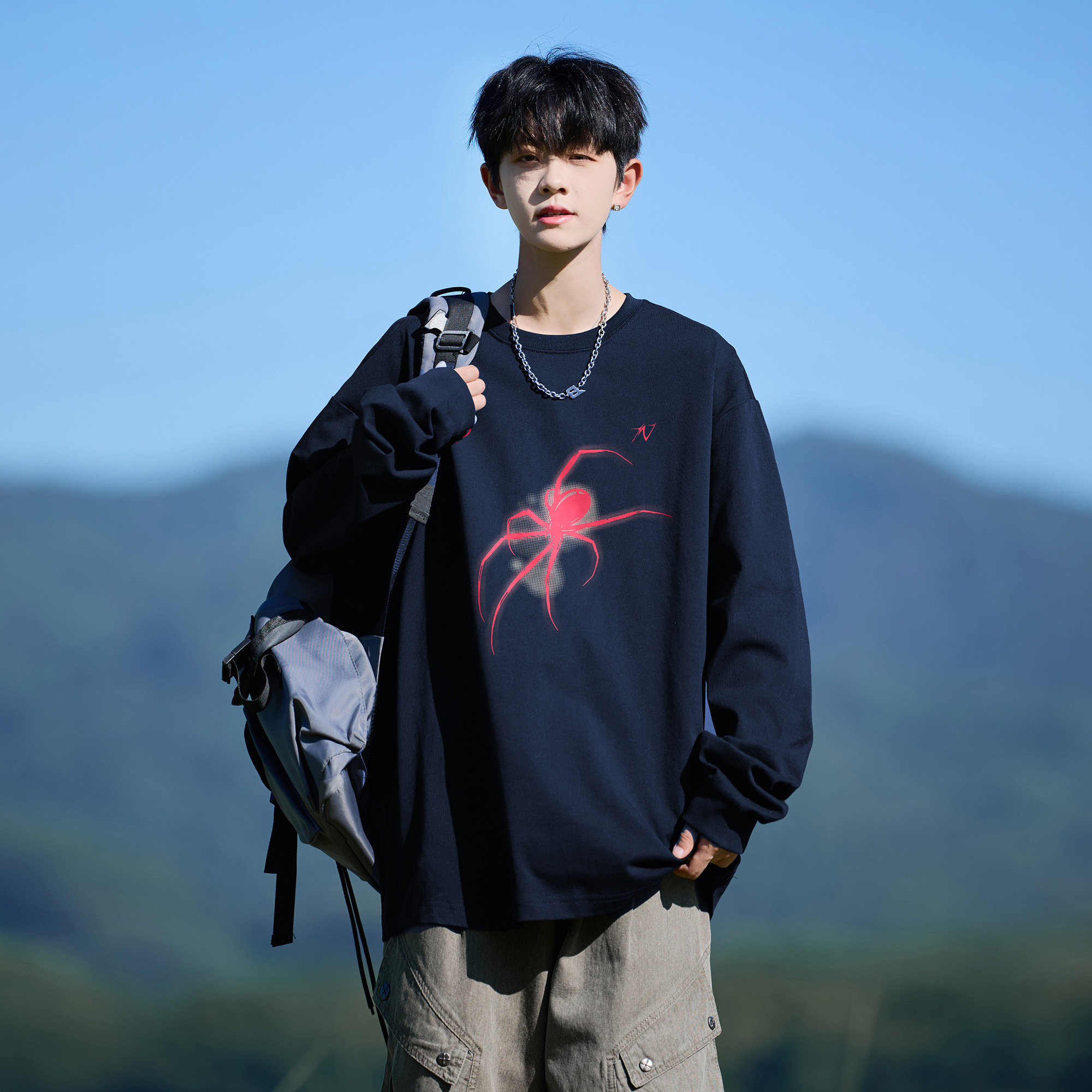 胖胖哥美式猩红蜘蛛长袖t恤男秋季纯棉宽松大码打底衫内搭上衣潮