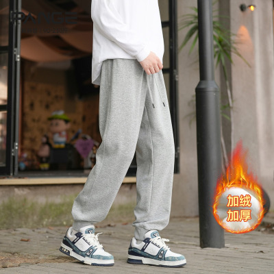 胖胖哥灰色加绒卫裤男款秋季运动裤宽松大码长裤男生束脚休闲裤子