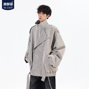 胖胖哥工装廓形仿麂皮外套男款春季美式复古宽松大码休闲夹克上衣