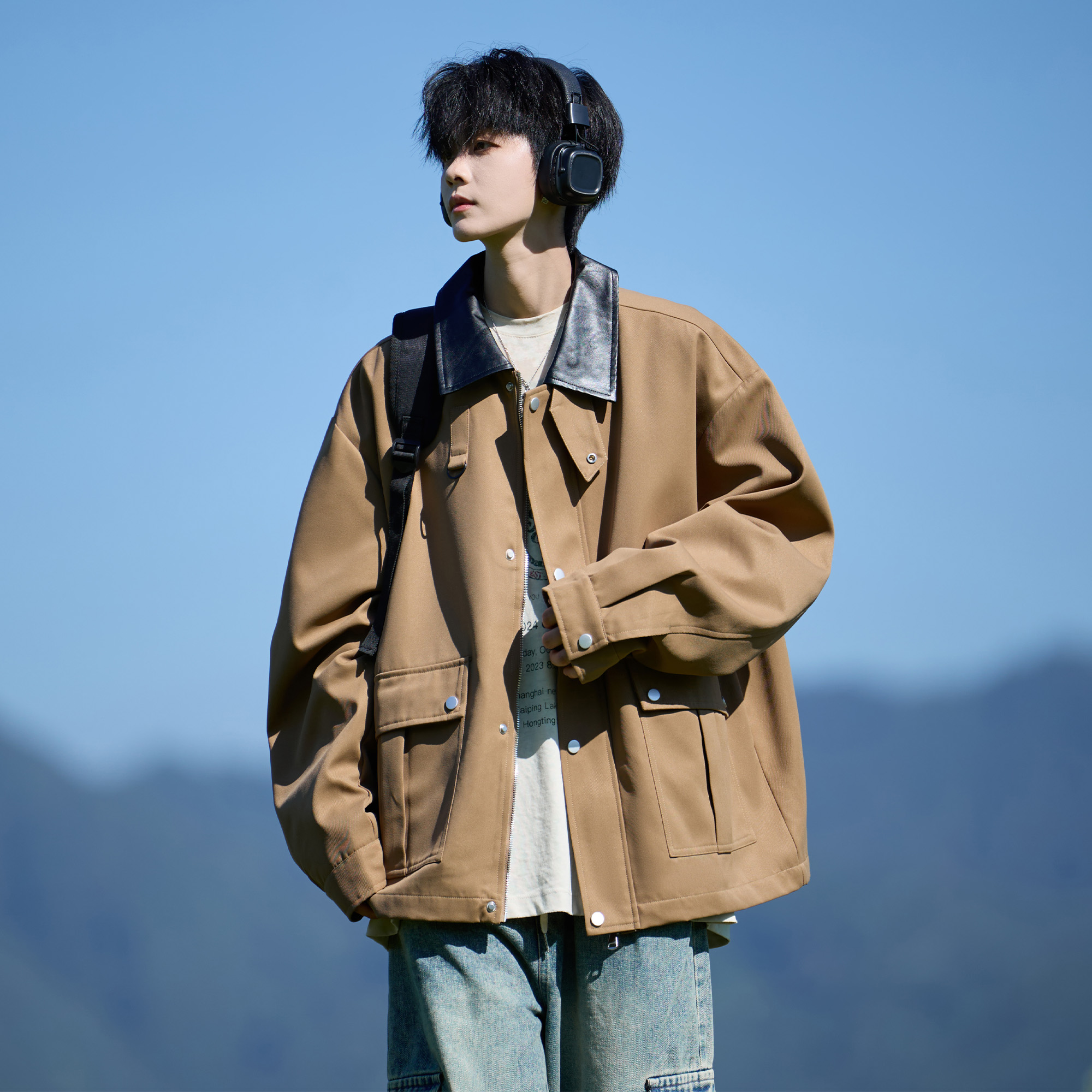 胖胖哥美拉德工装夹克男秋季新款宽松大码酷飒休闲翻领上衣外套潮