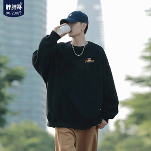 胖胖哥重磅圆领卫衣男款春季潮牌印花上衣大码宽松休闲套头外套