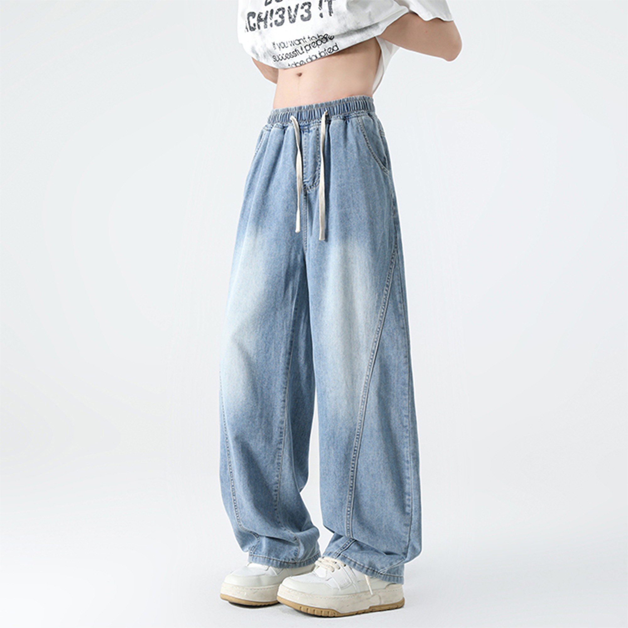 胖胖哥浅蓝色弯刀裤直筒牛仔裤男秋季薄款宽松大码阔腿男生裤子