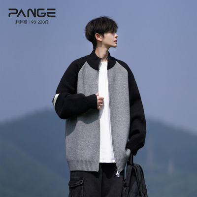 胖胖哥半高领开衫毛衣男秋冬季潮大码宽松外套拼色百搭针织衫男款