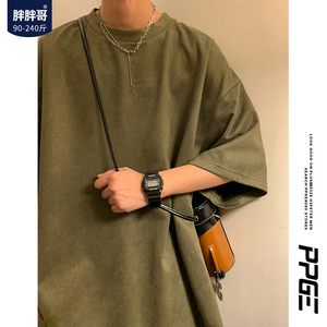 重磅短袖男士夏季2023新款美式复古大码男装T恤麂皮绒宽松体恤胖