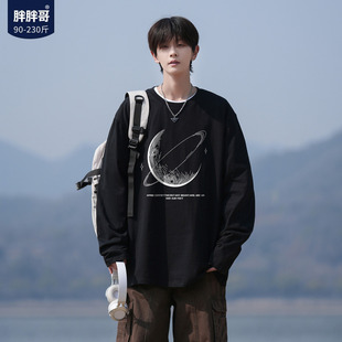 胖胖哥美式环绕星球圆领卫衣男春季高街大码宽松纯棉运动长袖上衣