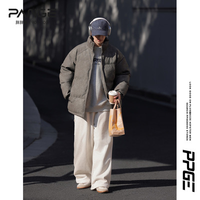 胖胖哥美式脏脏色立领皮棉衣男冬季大码宽松加厚百搭棉服外套男款