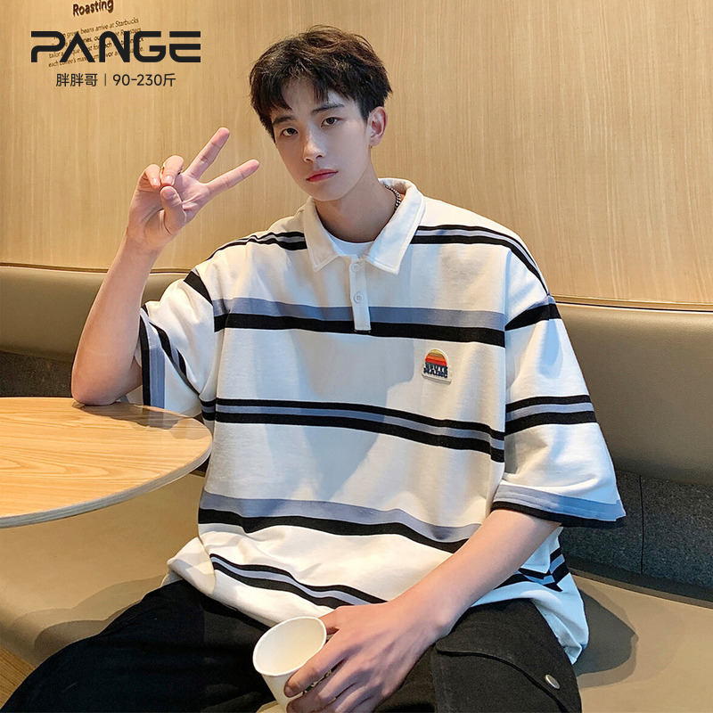 胖胖哥港风撞色条纹翻领短袖POLO衫男夏季复古宽松大码半袖T恤衫