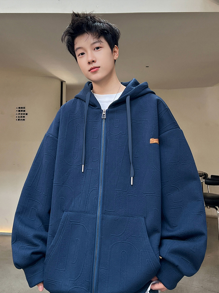 남성용 미국 헤비급 스웨트 재킷 2024 새로운 가을 겨울 유행 브랜드 루즈한 대형 플러스 벨벳 두꺼운 후드 가디건