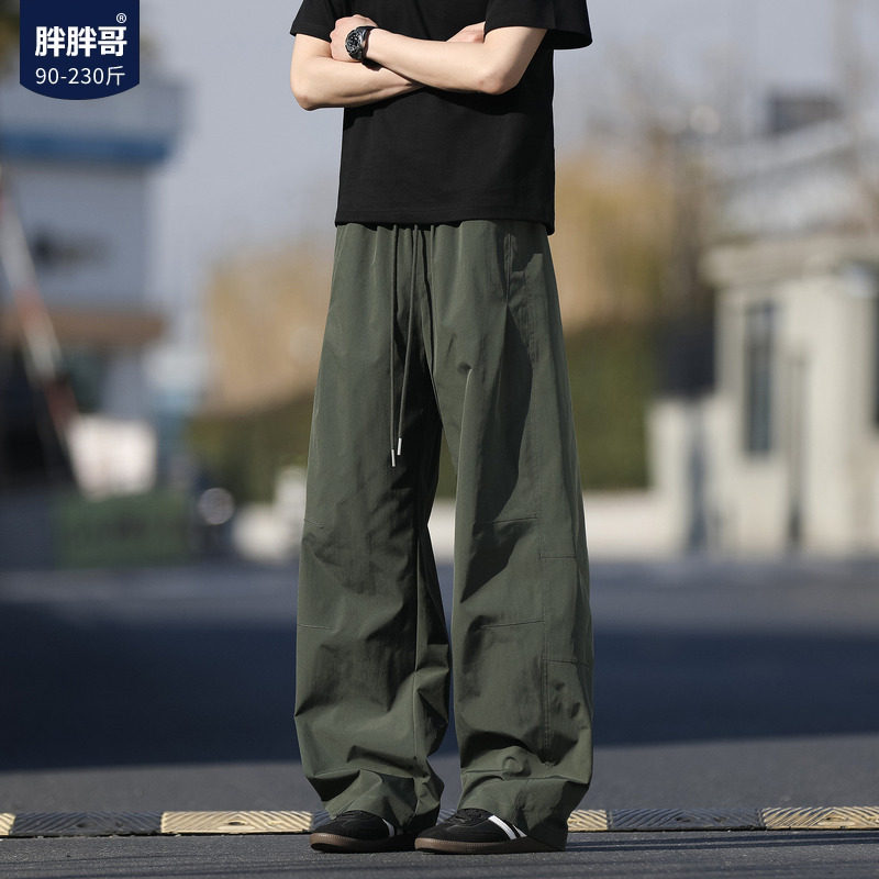 胖胖哥美式纯色拼接弯刀休闲裤男夏季宽松大码直筒速干运动长裤子