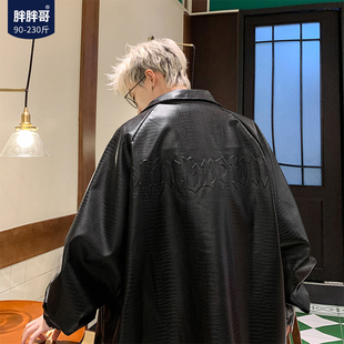 大码 胖胖哥美式 新款 鳄鱼纹皮衣外套男士 宽松潮牌痞帅飞行夹克 秋季