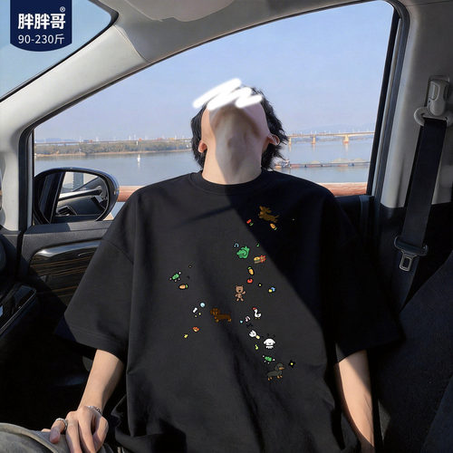 胖胖哥卡通小标合集短袖t恤男士夏季纯棉美式宽松大码五分袖半袖