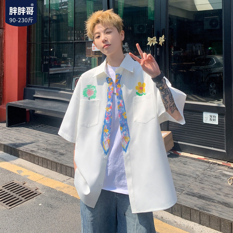 胖胖哥学院风假领带涂鸦印花短袖衬衫男夏季新款大码宽松衬衣外套图片