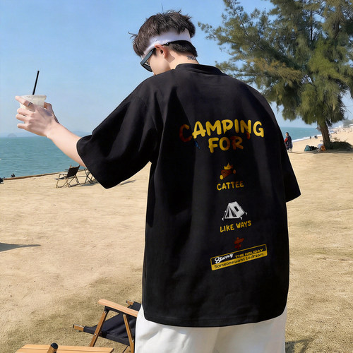 胖胖哥美式露营标纯棉T恤短袖男夏季大码宽松加肥男生圆领五分袖