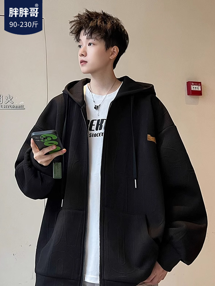 남성용 미국 헤비급 스웨트 재킷 2024 새로운 가을 겨울 유행 브랜드 루즈한 대형 플러스 벨벳 두꺼운 후드 가디건