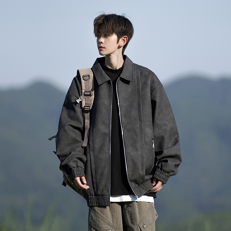 美式复古翻领pu皮夹克男秋季高级感潮牌大码宽松痞帅男生外套男款