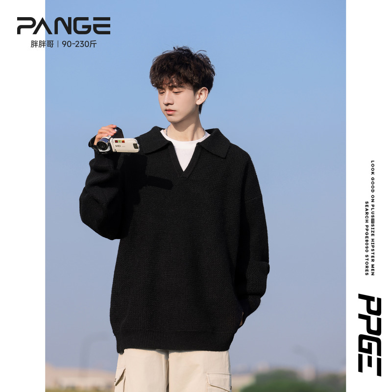 胖胖哥复古翻领针织毛衣男秋冬季大码纯色套头上衣百搭打底衫男款
