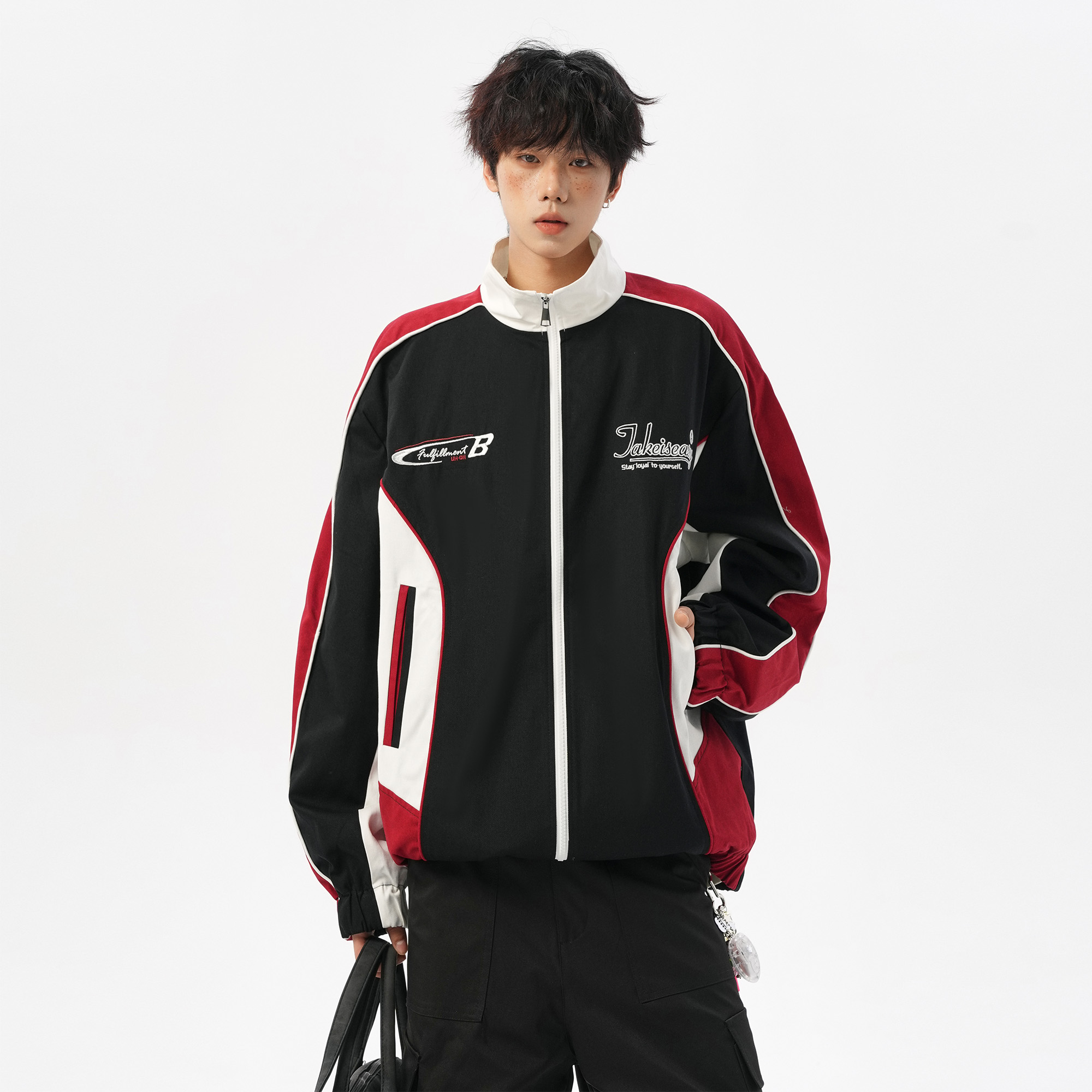 胖胖哥美式机车外套男秋季新款纯棉宽松大码休闲赛车服飞行夹克潮