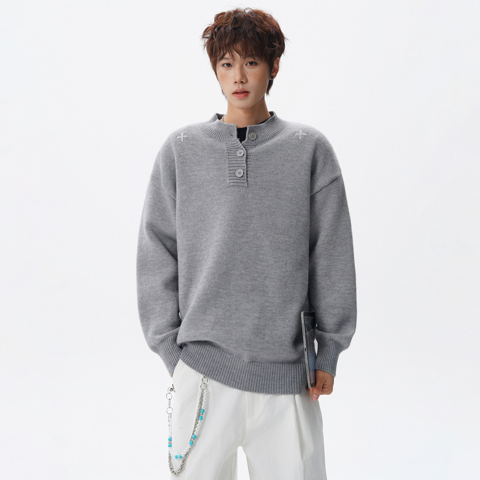 胖胖哥美式亨利领刺绣毛衣男春季宽松大码老钱风内搭保暖针织衫潮,男装,针织衫/毛衣,淘宝优惠券,粉丝福利购,淘宝优惠卷