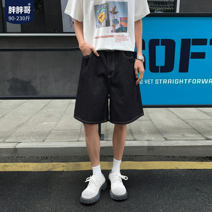 胖胖哥美式复古原牛牛仔裤短裤男夏季黑色五分宽松大码直筒中裤潮