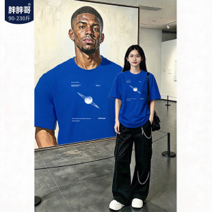 胖胖哥美式神秘星球纯棉短袖t恤男夏季大码宽松男士五分袖体恤潮