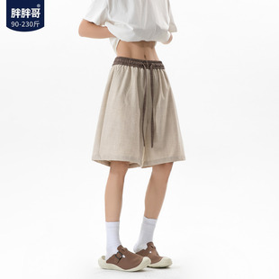 胖胖哥美式撞色拼接仿麻短裤男士夏季独特大码宽松直筒五分休闲裤