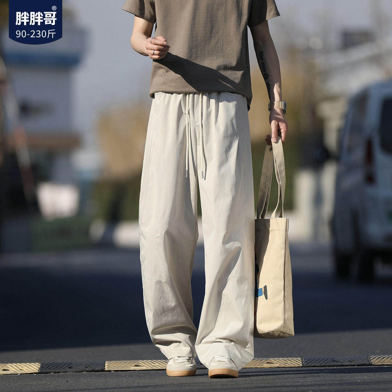 胖胖哥速干拼接弯刀裤男夏季宽松大码休闲裤直筒阔腿裤运动长裤子