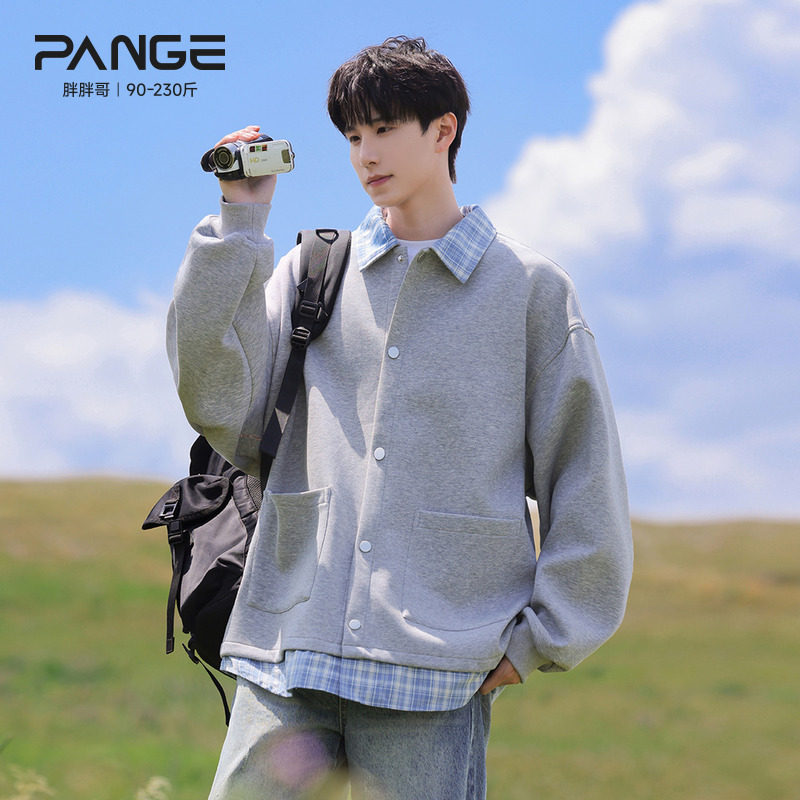 胖胖哥470g空气棉格纹假两件开衫卫衣男秋季拼接大码宽松夹克外套