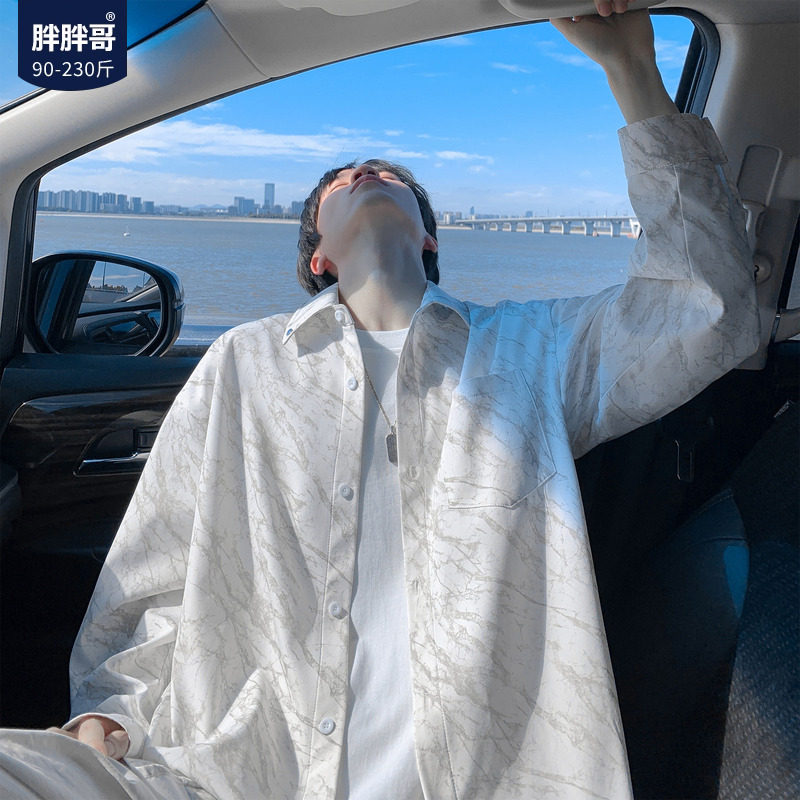 胖胖哥港风扎染长袖衬衫男秋季潮流高级感大码宽松休闲衬衣外套潮图片