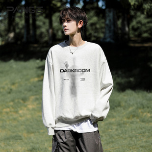 胖胖哥美式人影复古印花卫衣男春季休闲圆领大码宽松灰色长袖T恤