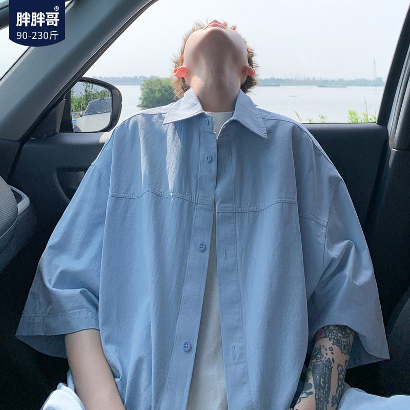 胖胖哥日系纯棉纯色男士短袖衬衫夏季设计感男款大码宽松衬衣外套图片