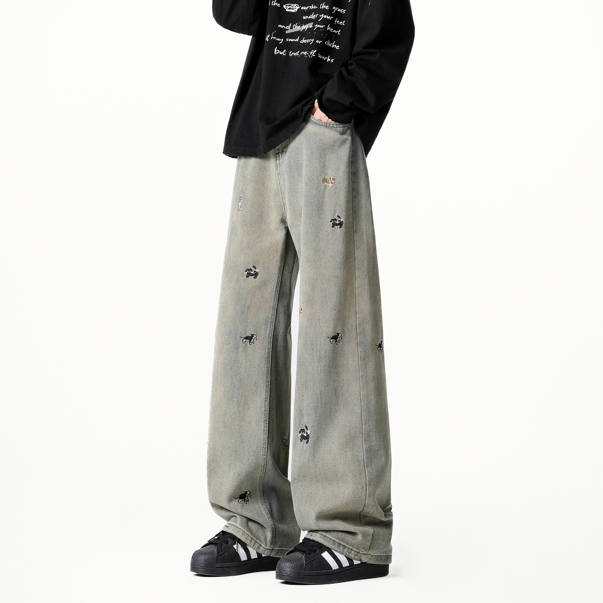 胖胖哥腊肠狗刺绣牛仔裤男款秋季直筒大码宽松独特设计感长裤子潮