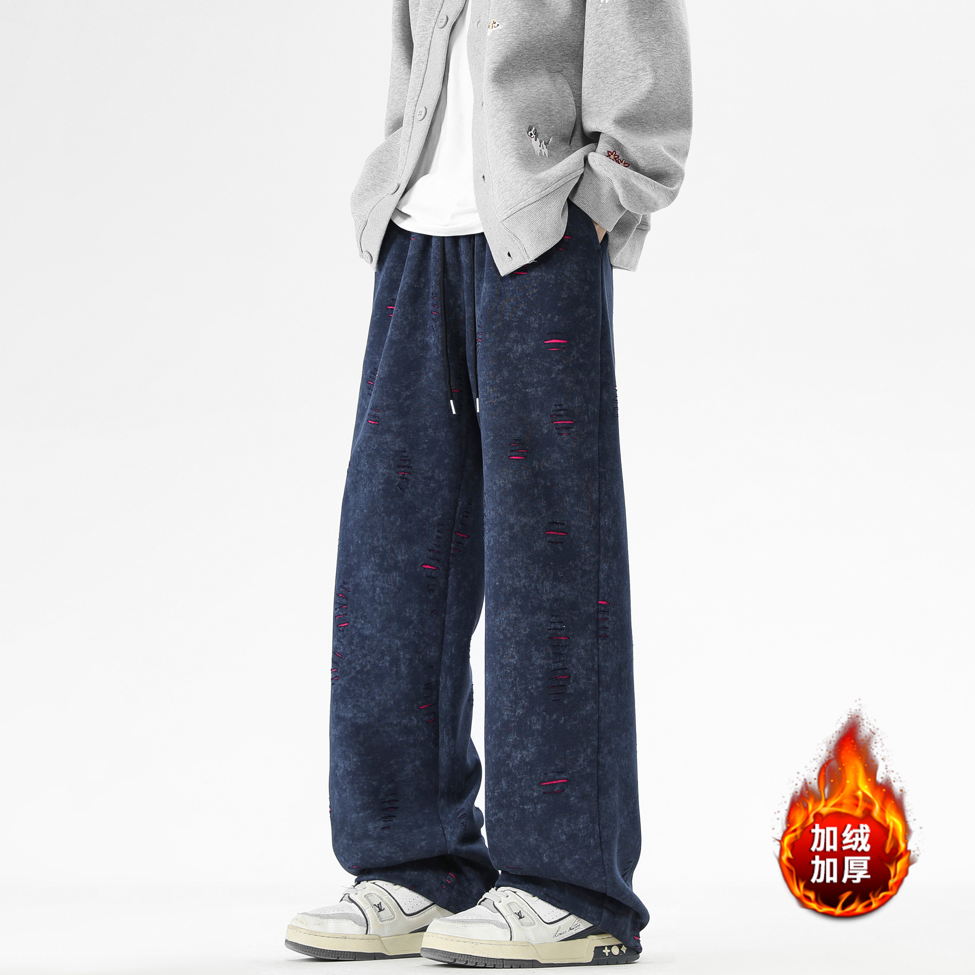 胖胖哥扎染破洞脏脏裤男秋季宽松大码直筒阔腿加绒设计感休闲裤子