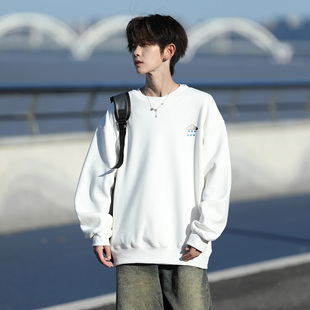 胖胖哥美式下雨云朵卫衣男春季大码宽松重磅圆领新款无帽套头上衣