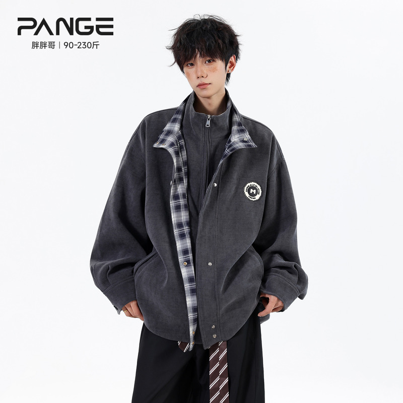 胖胖哥美式格子假俩件夹克男秋季酷飒痞帅学院风大码宽松休闲外套