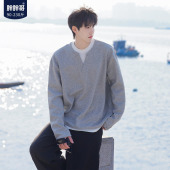 胖胖哥港风潮牌假两件华夫格V领卫衣男秋大码 宽松百搭圆领t恤