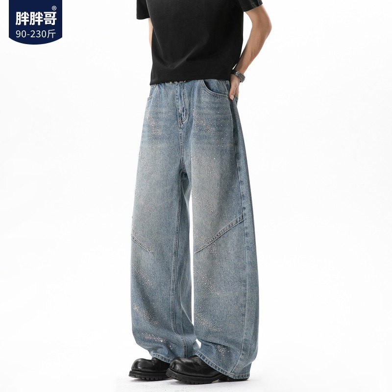 胖胖哥美式烫钻水洗牛仔裤男夏季宽松大码设计感直筒阔腿休闲裤潮图片