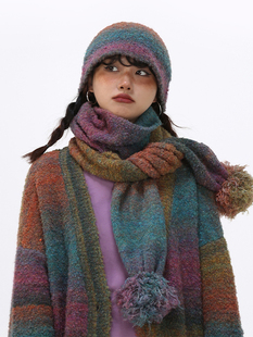 嬉游记原创2022冬季新款彩虹渐变圈圈羊毛围巾女时尚可爱毛球围脖