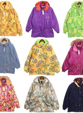 vintage古着日系宽松滑雪服撞色拼接户外防风保暖连帽棉服外套 A5