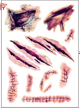 万圣节伤疤纹身贴纸防水恐怖血腥纹身贴化妆假伤疤酒吧厂家现货