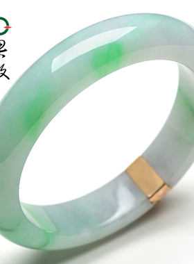 X24614果敢翡翠 53.8飘绿翡翠手镯玉手镯缅甸A货玉石镶18K金玉镯