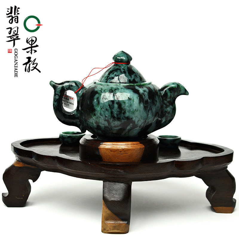 S9273果敢翡翠 花青翡翠启福迎祥摆件缅甸A货玉石茶具摆件一套FZ