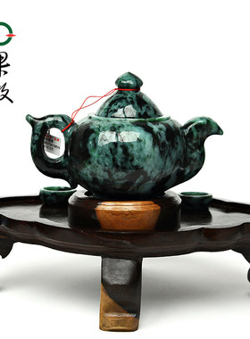 S9273果敢翡翠 花青翡翠启福迎祥摆件缅甸A货玉石茶具摆件一套FZ