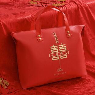 高档结婚陪嫁被子收纳袋加厚婚庆红色四件套手提袋喜袋棉被包装袋