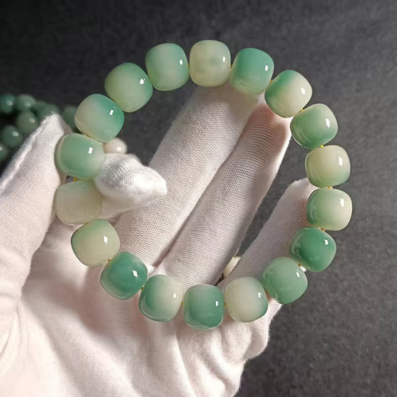 阴皮渐变绿白玉菩提根手链菩提子手串文玩手持男绕指柔盘玩佛珠女