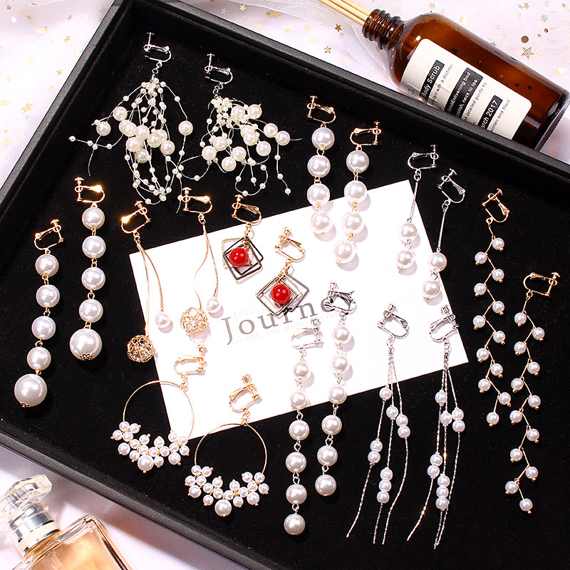 高级感小众百搭流苏珍珠耳夹女无耳洞冷淡风气质耳环长款夸张耳坠