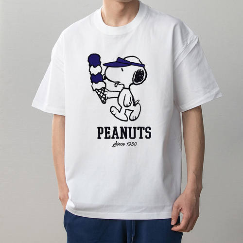 PEANUTS史努比拿冰淇淋黑白印花夏季情侣装全棉短袖T恤男女大码