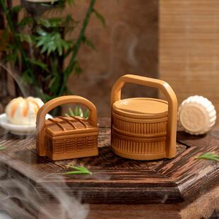 微景观仿真竹编食盒手提篮中式古风装饰品拍摄道具桌面树脂小摆件