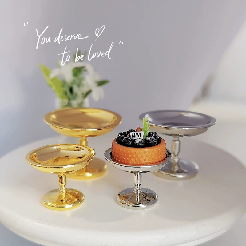微缩蛋糕点心托盘娃娃屋配件迷你金属水果盘小食盘高脚盘托盘模型