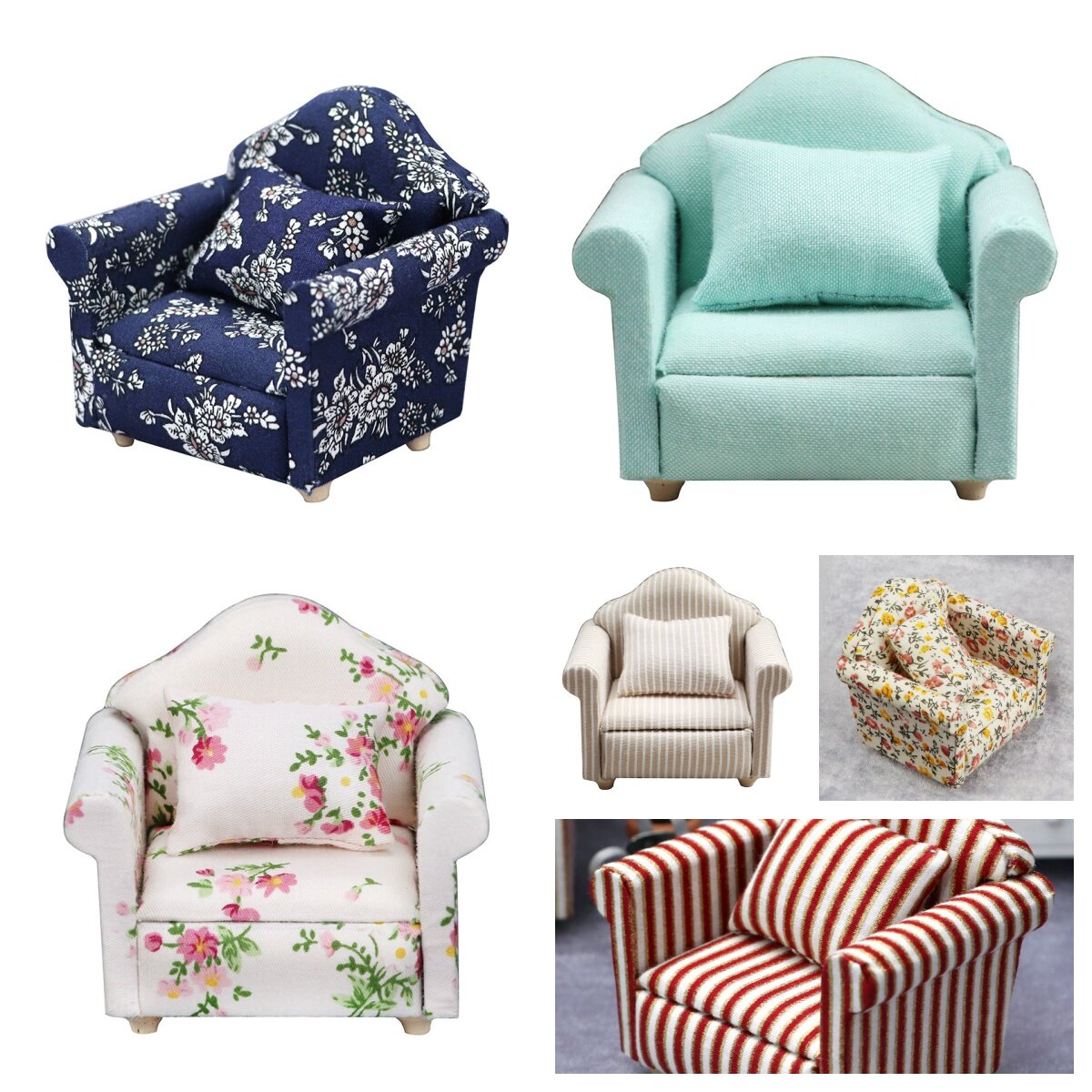 1:12娃娃屋dollhouse迷你家具客厅场景模型卧室复古碎花单人沙发