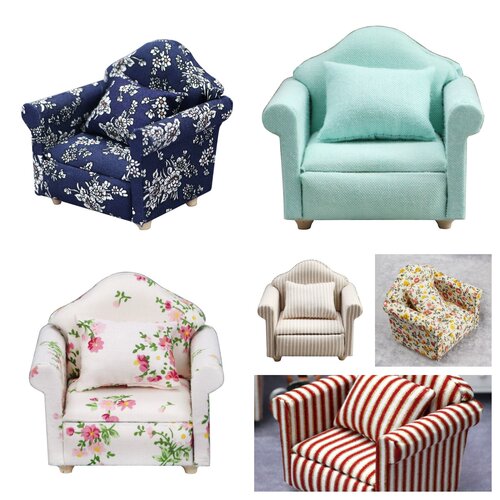 1:12娃娃屋dollhouse迷你家具客厅场景模型卧室复古碎花单人沙发